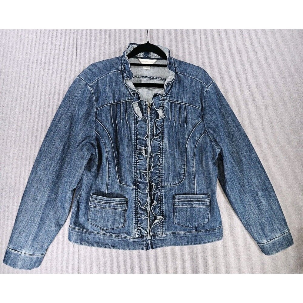 Christopher & Banks Denim Jacket Womens XL Blue Ruffle Front Stretch